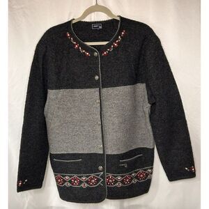 VTG L Wool Color Block Cardigan Sweater Hong Kong floral embroidered grandma HTF